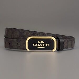 🎄NWT COACH SIGNATURE DARK BROWN/BLACK BELT WITH GOLD BUCKLE ONE SIZE